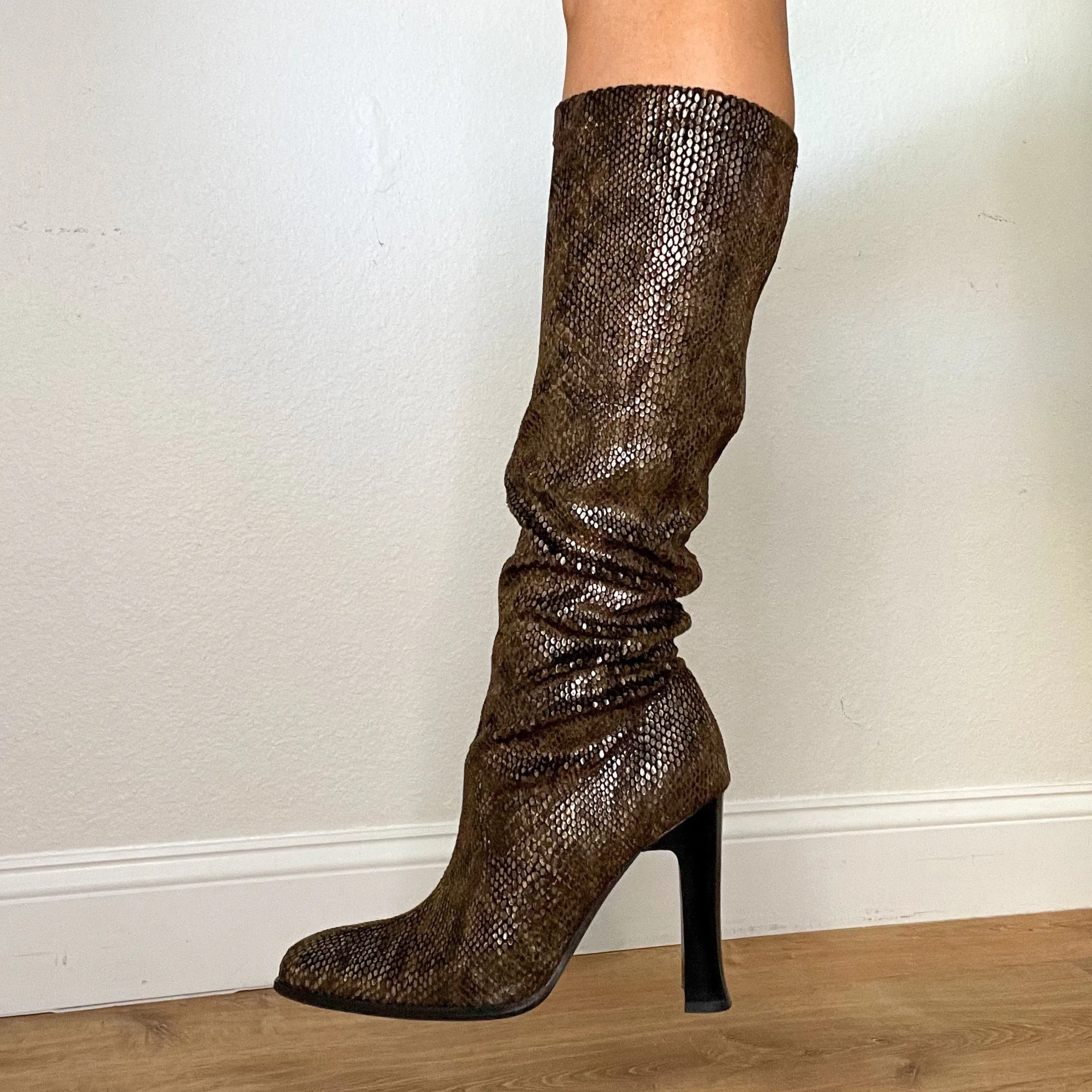 Brown Snake-Print Knee High Boots (7)