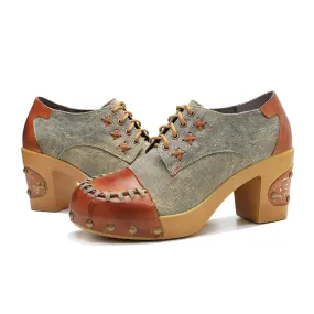 CrazycatZ Leather Pumps,Womens Colorful Vintage Block Heel Oxford Vintage Shoes Pumps 302
