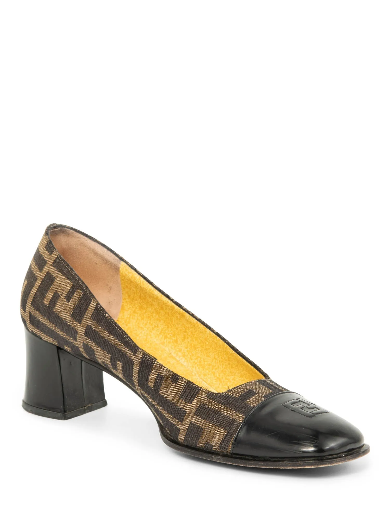 Fendi FF Logo Zucca  Cap Toe Block Heel Shoes Brown Black