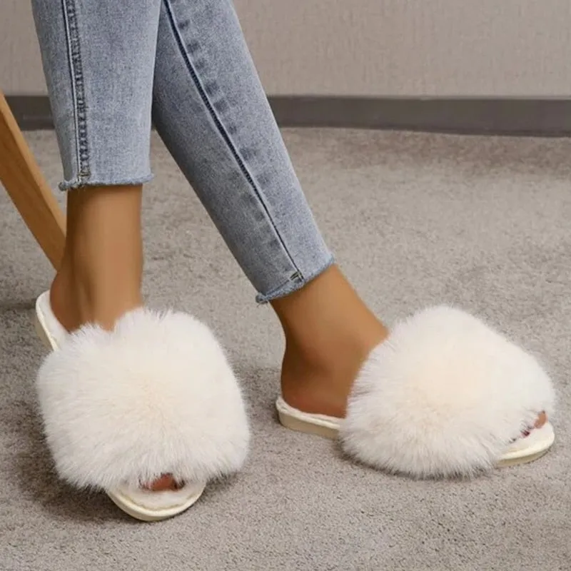 White Fluffy Women's Slippers